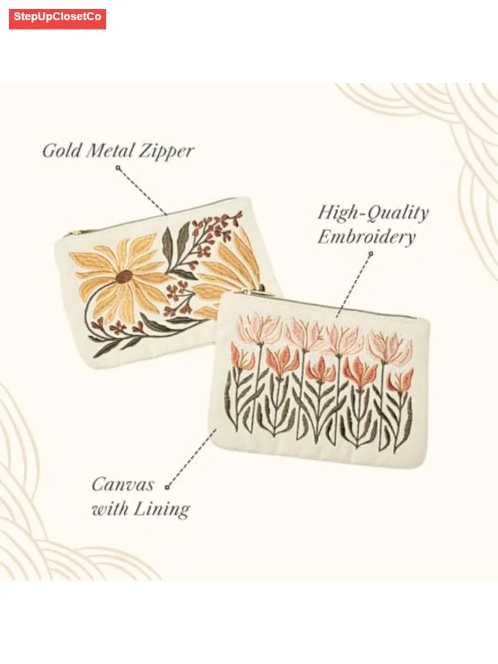 Printed Canvas Pouch with Lining and Gold Zipper Closure